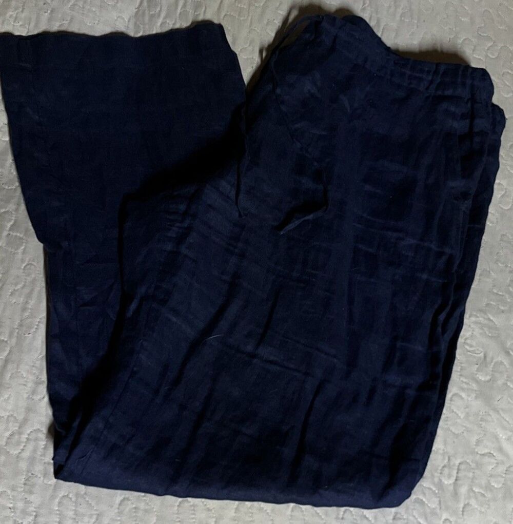 Charter Club Women’s Size Large Navy Blue 100% Linen Wide Leg Pants Elastic